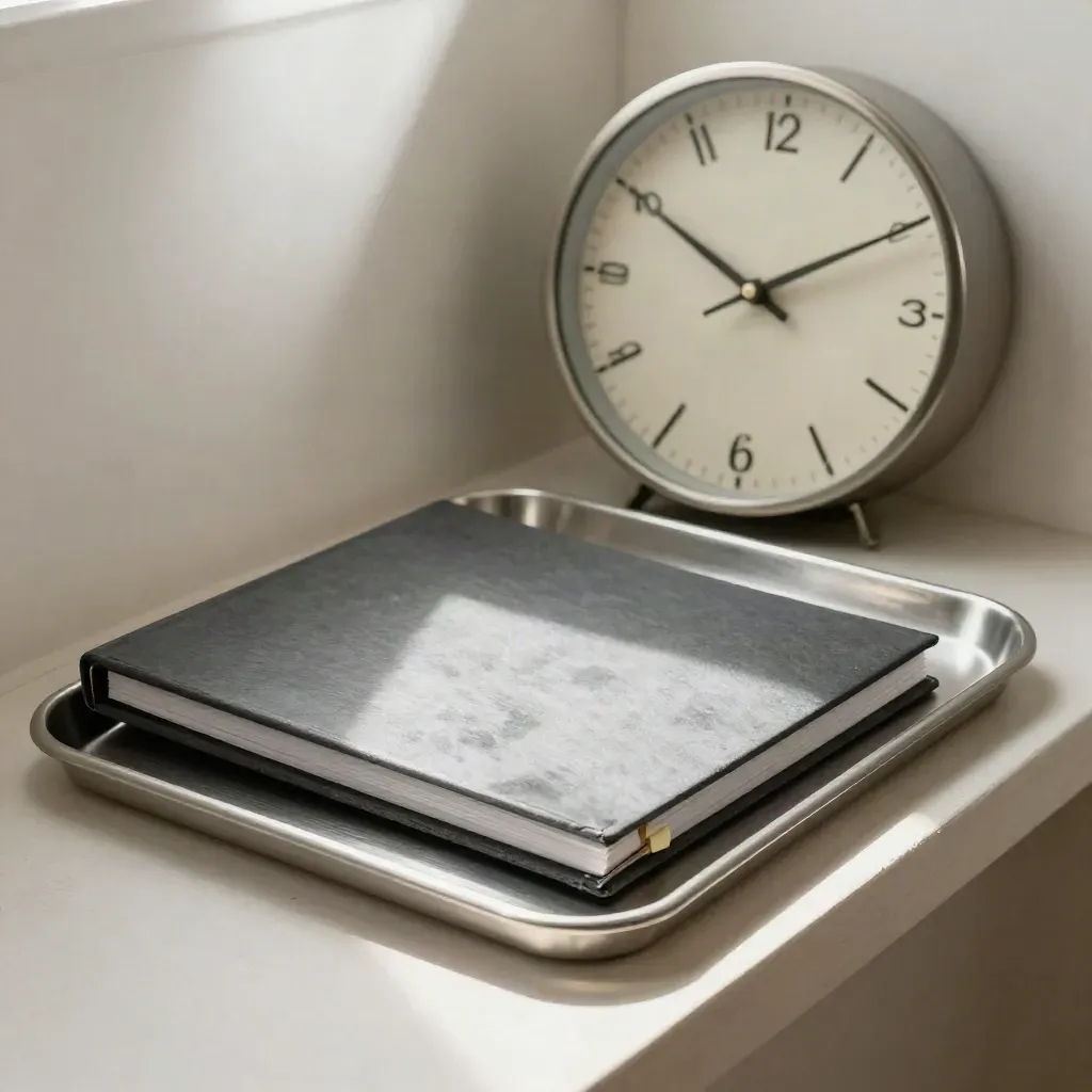 Stacked review trays, closed binder, and wall clock on a pale plaster ledge