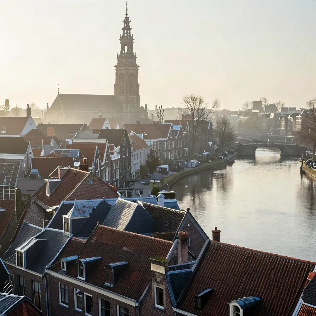 Misty Amsterdam canal rooftops and church tower above calm water at sunrise