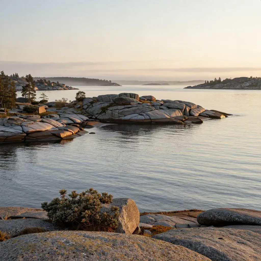 Rocky Stockholm archipelago at golden hour with pale water and misty granite islands.