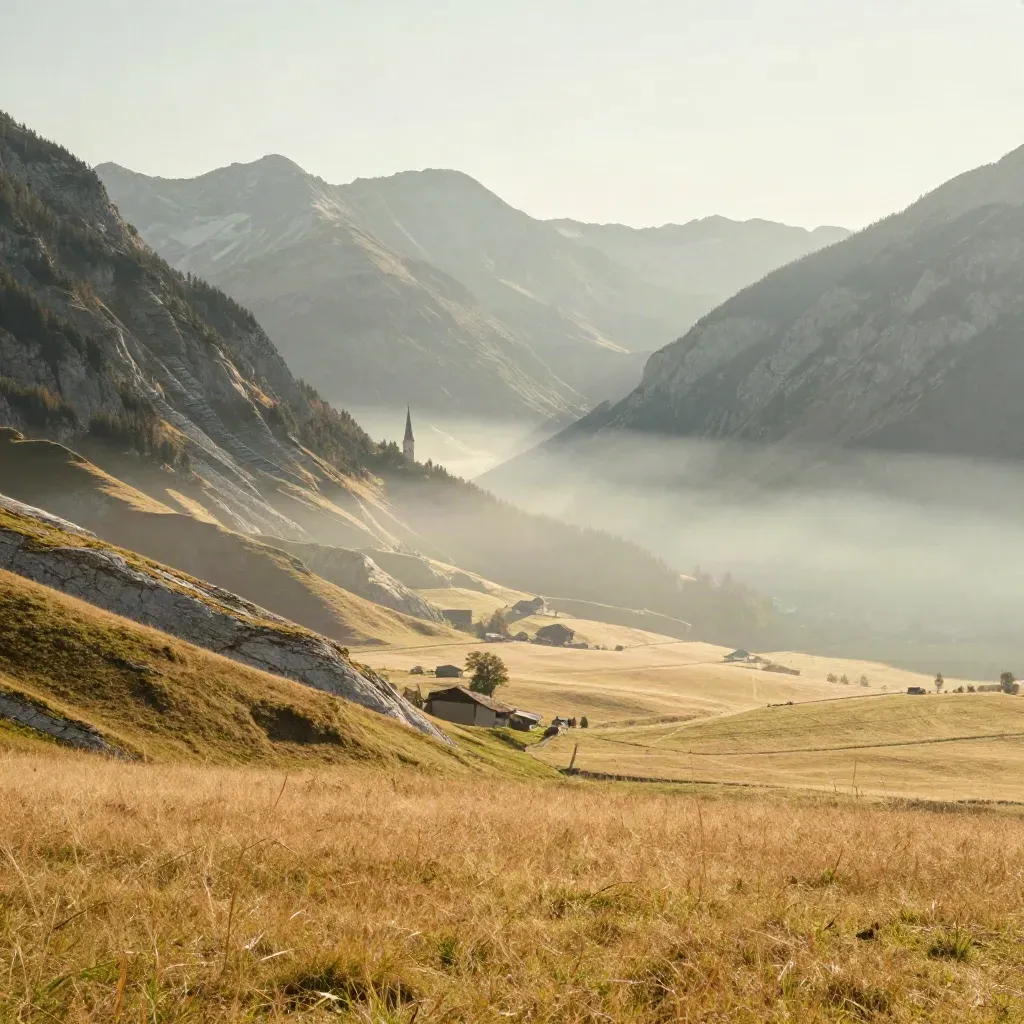 Hazy Alpine valley with a distant church spire, layered ridgelines, and golden meadow light.