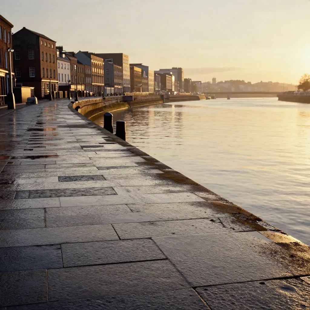 Sunset over Dublin quays with wet granite, glowing river, and hazy Georgian rooftops