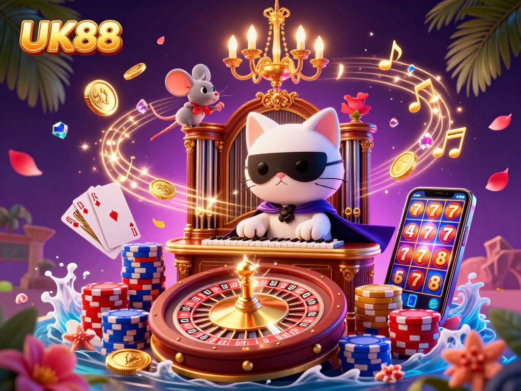 Experience the thrill of UK88 with a captivating casino scene featuring vibrant characters and dynamic game elements.