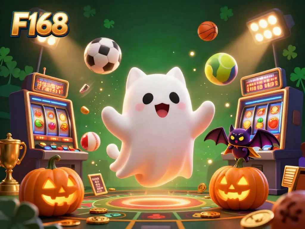 Engage with F168's vibrant casino world through a friendly ghost cat and gaming elements.