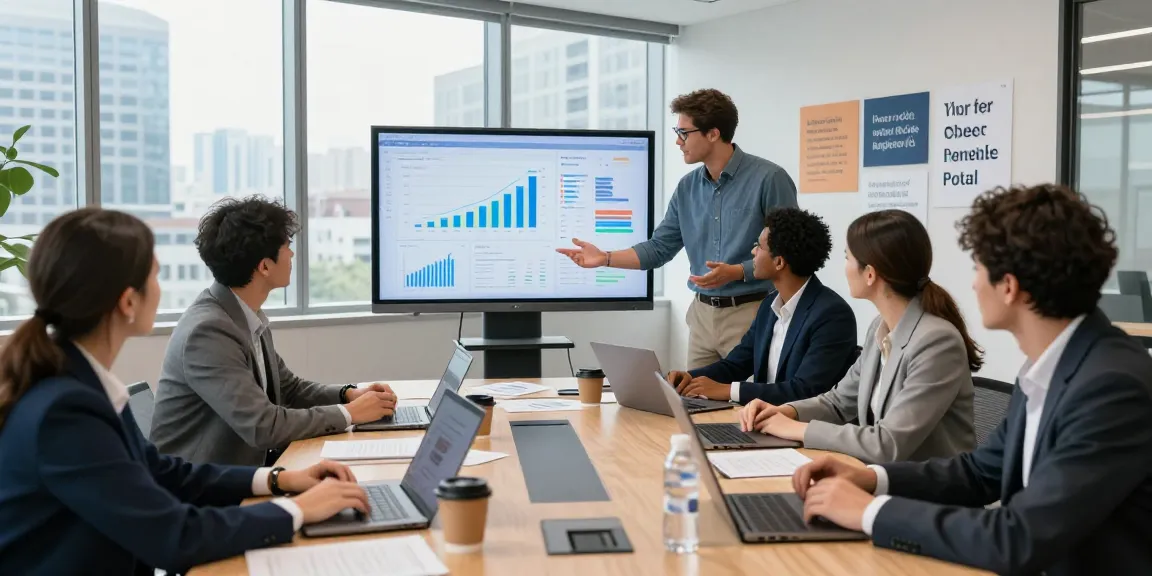 Team collaboration in a modern office showcasing Unternehmer Portal benefits for business growth.