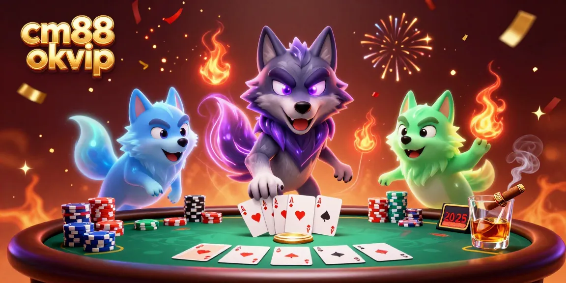 Join the thrilling action at cm88 okvip with a dynamic poker scene featuring ghostly wolves and vibrant game elements.