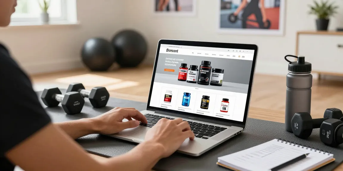 Steroide Boutique: A fitness enthusiast browsing anabolic steroids and supplements online in a modern home gym.
