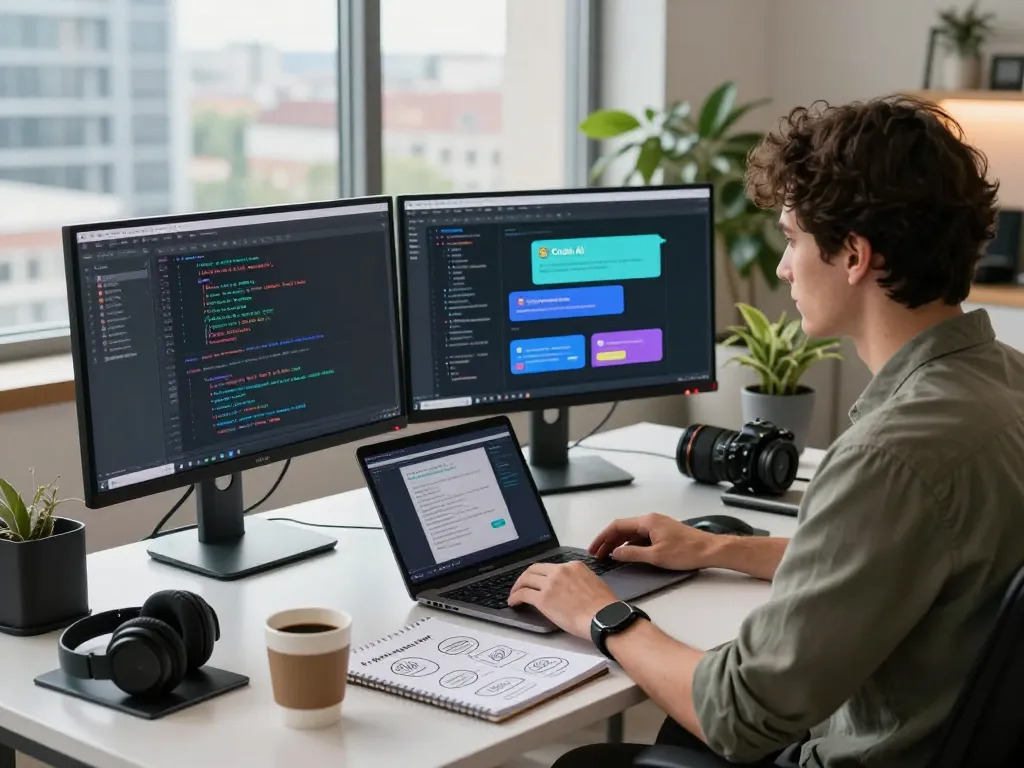 Developer coding Crush AI application in modern workspace with vibrant tech setup.