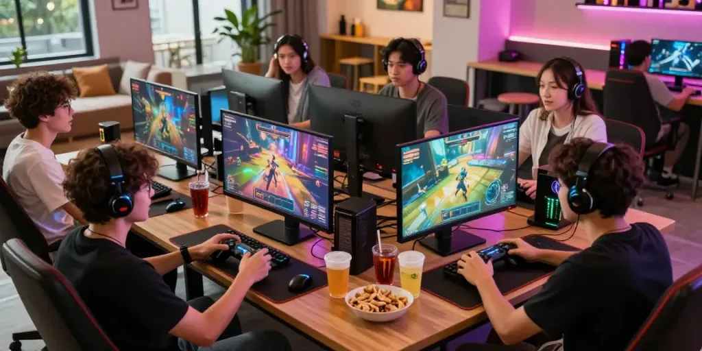 Engaging online gaming experience showcasing rokok88 link with vibrant graphics and a lively group atmosphere.