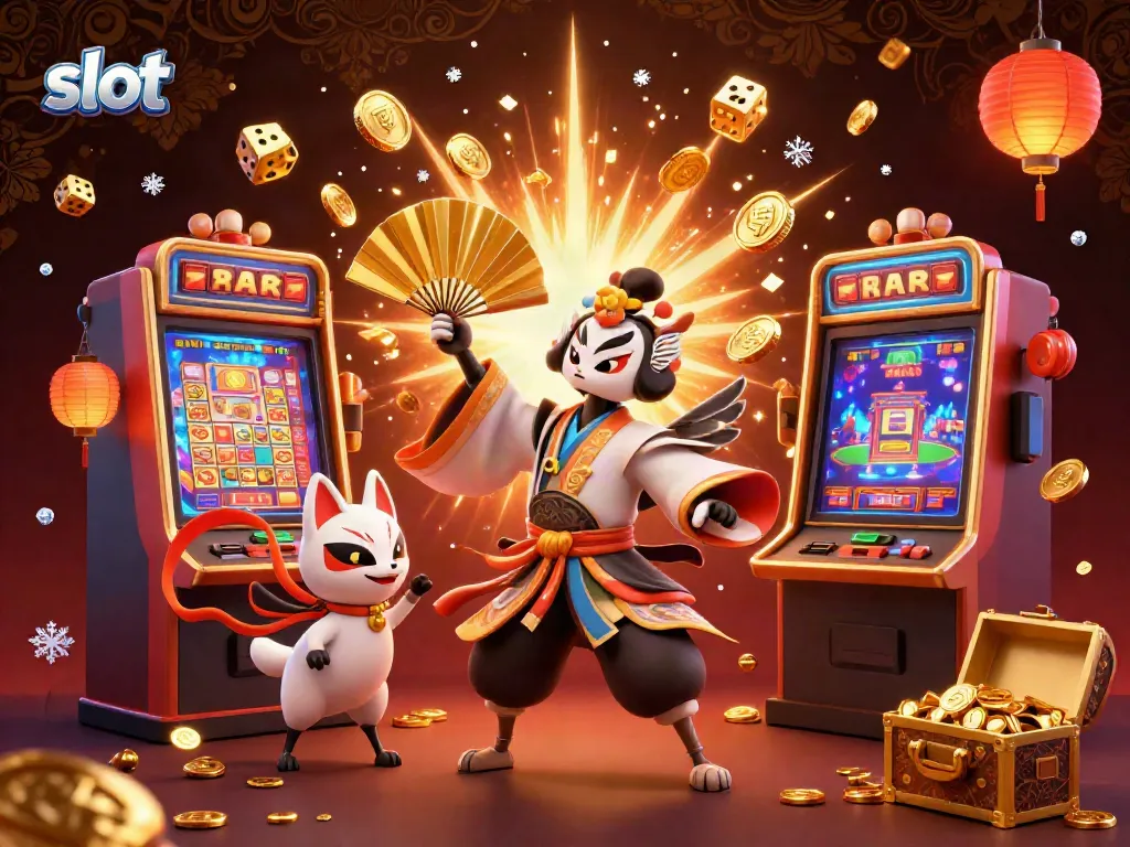 Spin the slot reels with vibrant characters and jackpot explosions in this colorful casino scene.