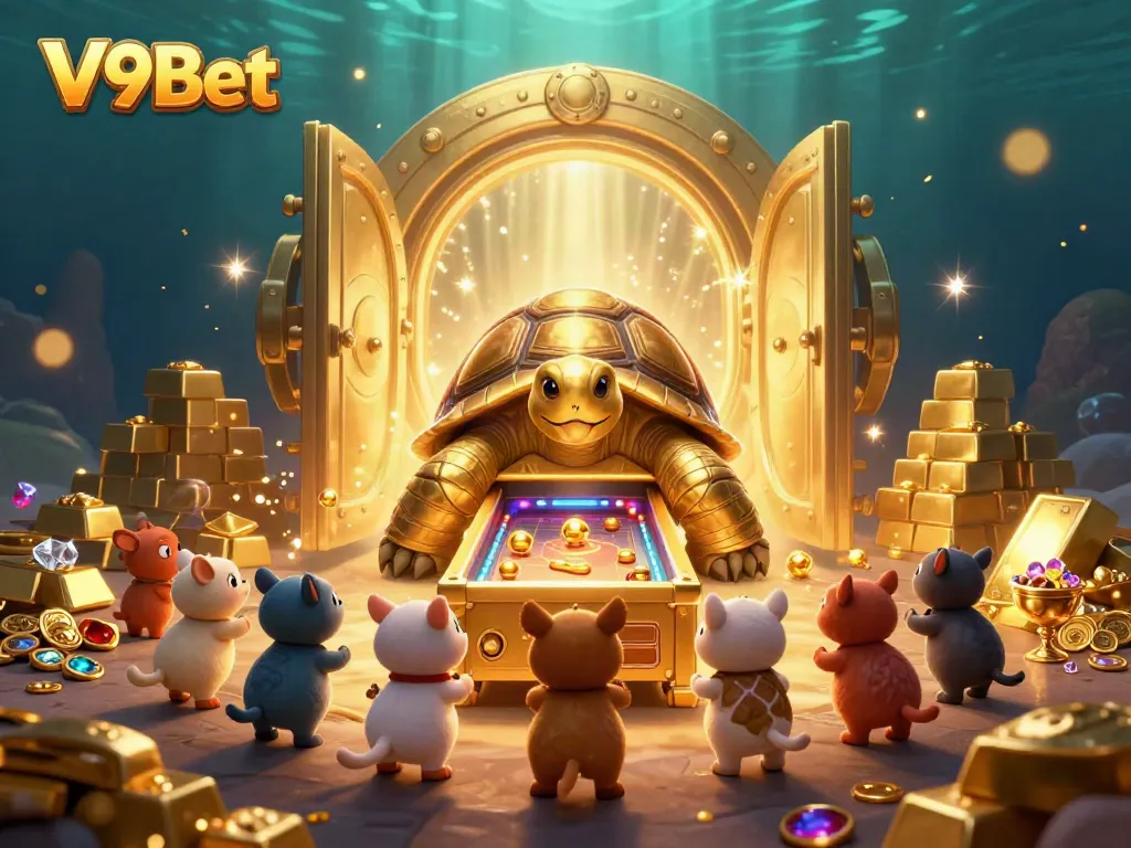 Experience the excitement of V9Bet with a fun, animated scene filled with treasures.