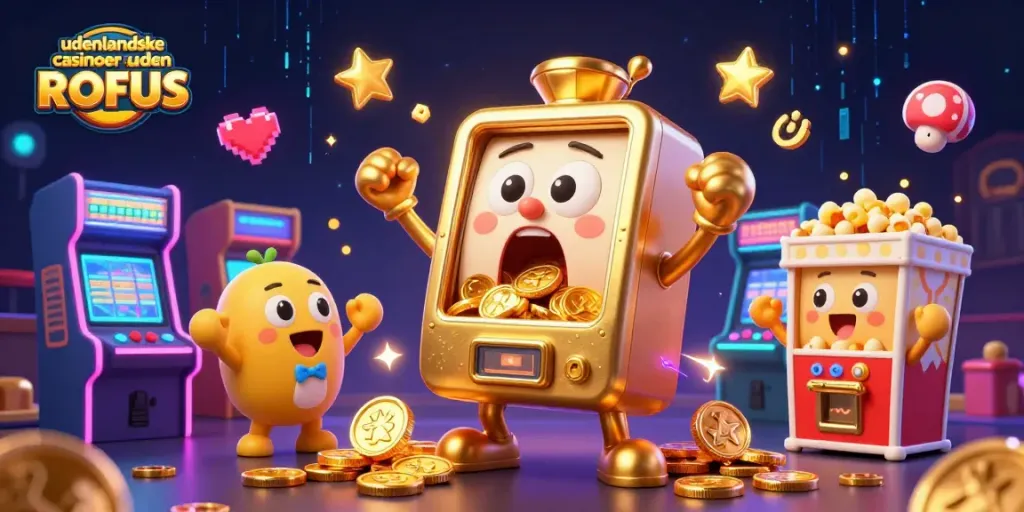 Engage with udenlandske casinoer uden ROFUS through a vibrant jackpot scene featuring animated slot machines.