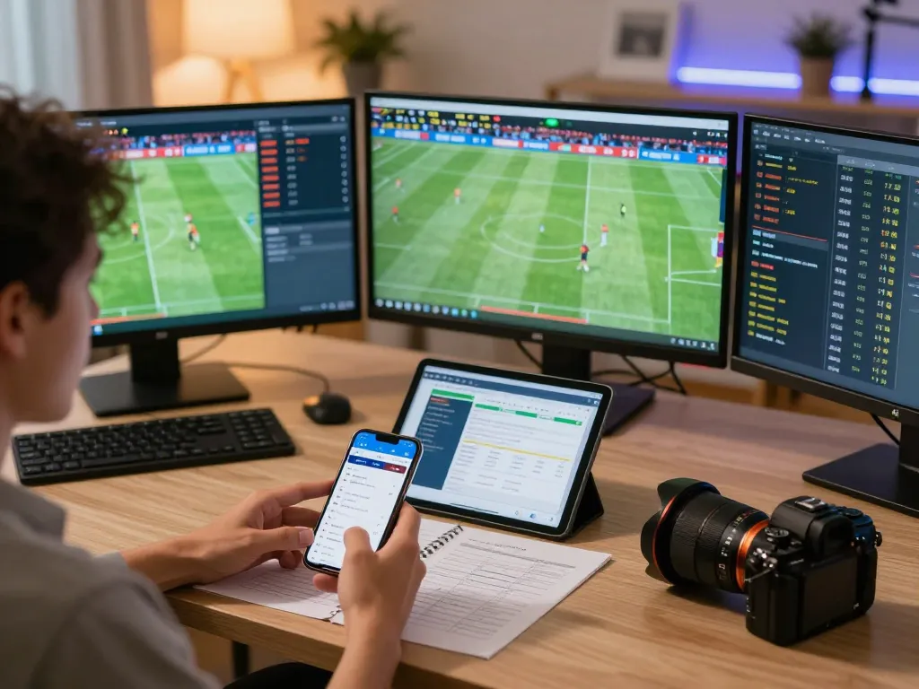 An engaged person betting live on sports through https://lc88.it.com/ with multiple screens displaying games and strategies