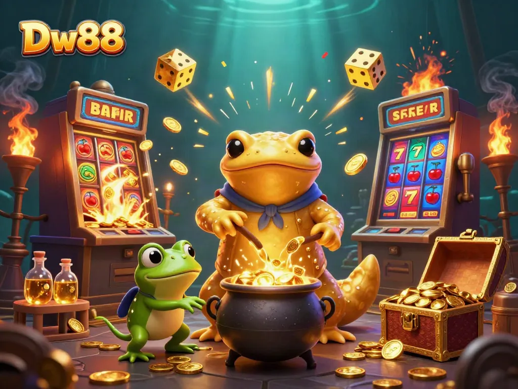 Experience the thrill of Dw88 with a golden dragon alchemist turning metals into coins amidst vibrant casino elements.