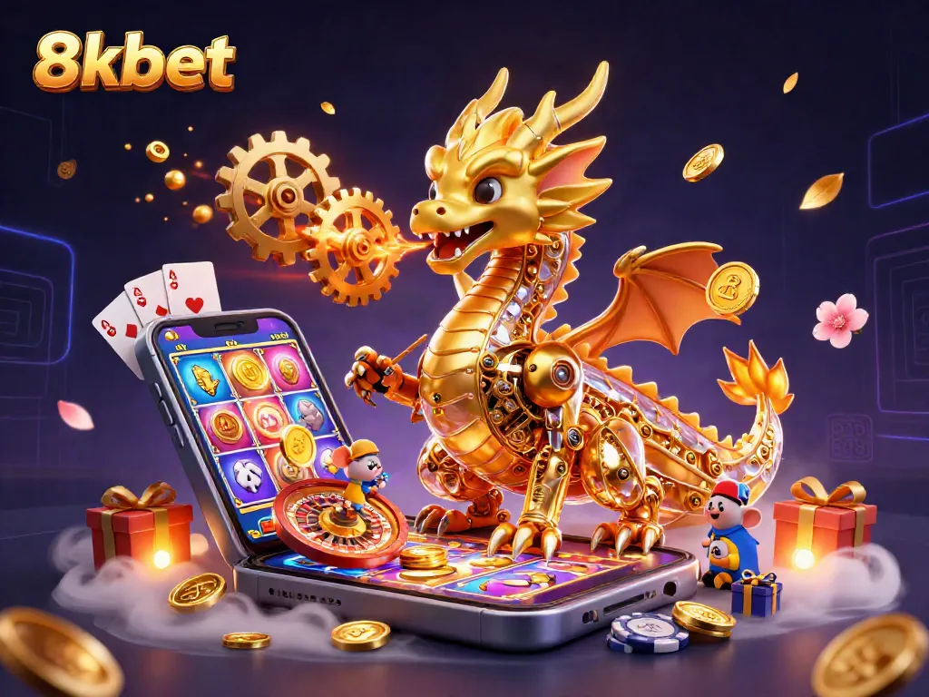 Play thrilling slot games with 8xbet, featuring a golden dragon and exciting casino elements.