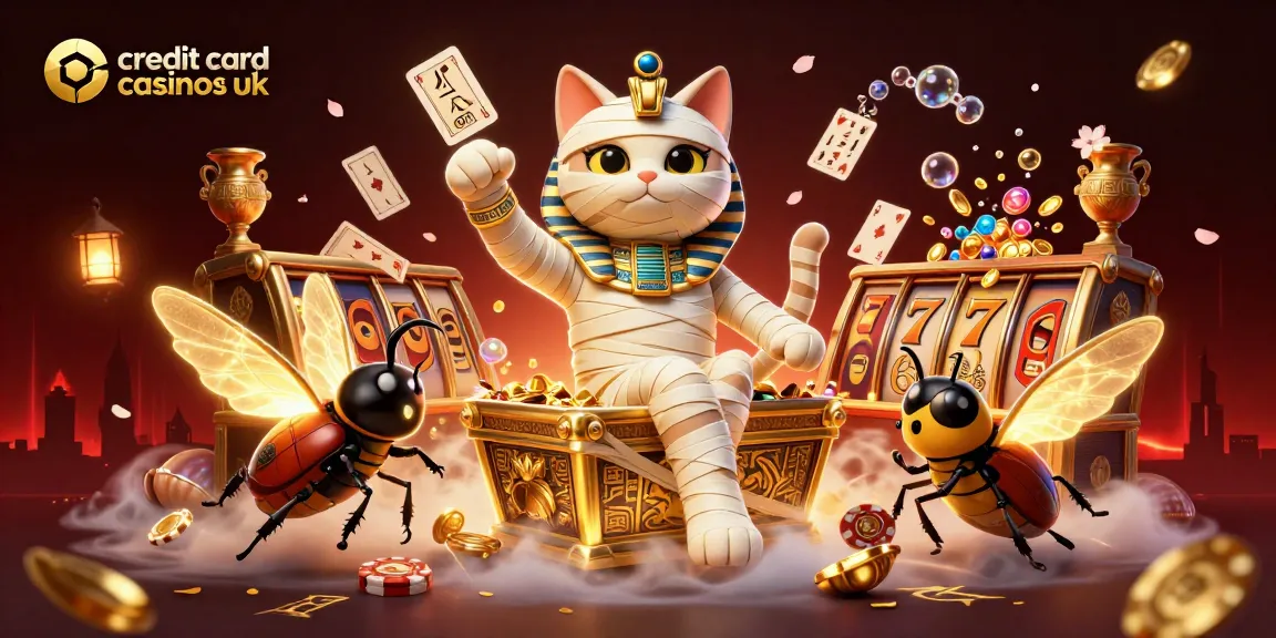 Engage with top credit card casinos UK as a 3D mummy cat bursts from treasure in a vibrant casino scene.