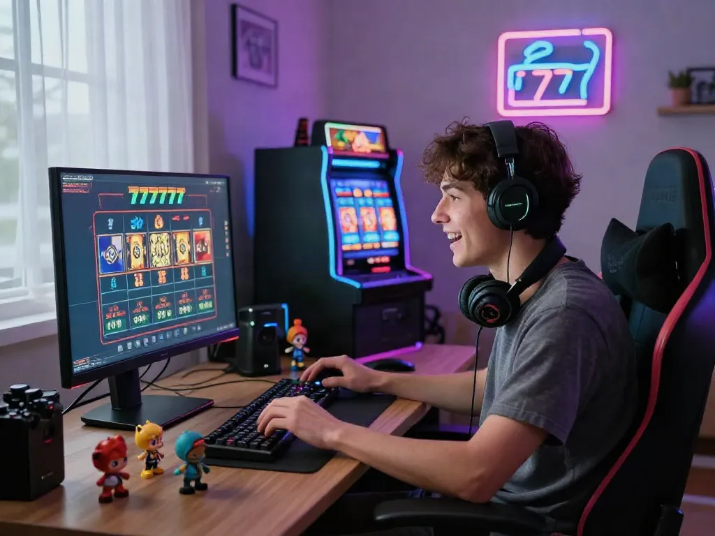 Engaged gamer playing slot777 games at home, showcasing vibrant gaming setup and accessories.