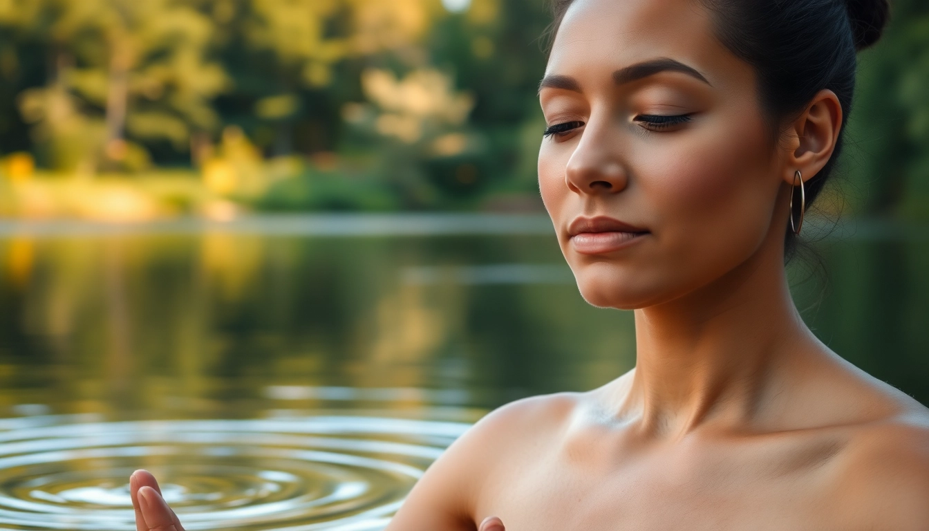 Calm individual meditating by the lake to alleviate stress and anxiety.