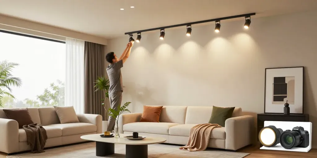 Iluminatul modern cu sina magnetică în interiorul unui living elegant