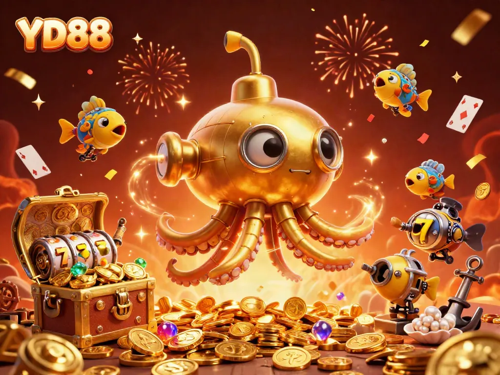 Experience thrilling gameplay at YD88 with a dynamic casino scene featuring golden kraken and slot elements.