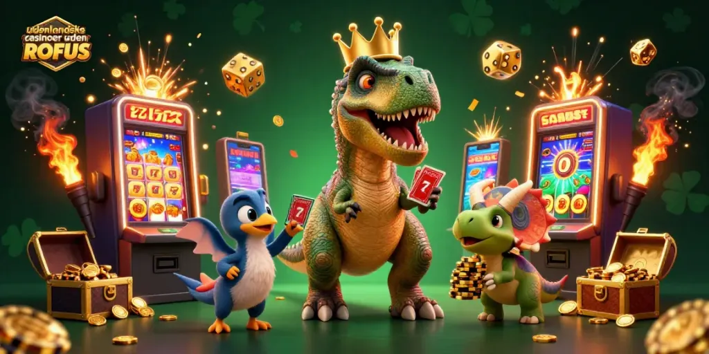 Experience the thrill of udenlandske casinoer uden ROFUS with charming dinosaurs in a lively casino scene.