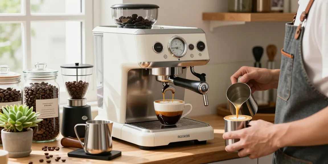 Expert barista using ROKOK88 espresso machine for perfect coffee, highlighting rokok88 login in premium quality.
