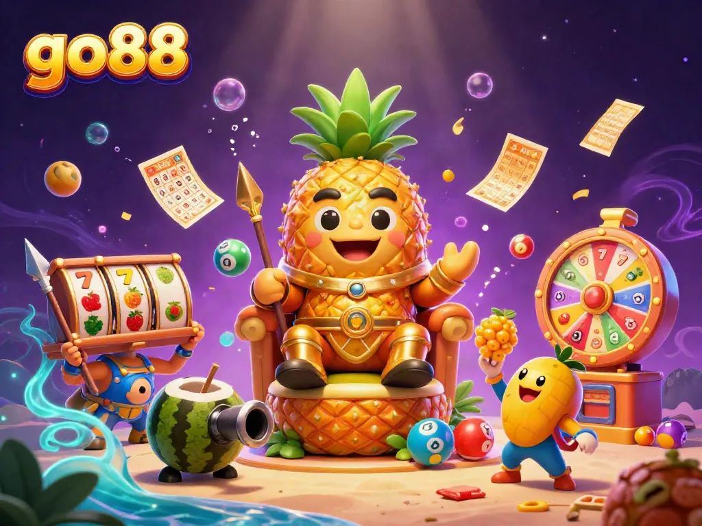 Engage with vibrant go88 casino elements featuring a golden pineapple king, surrounded by energetic characters and lively game components.