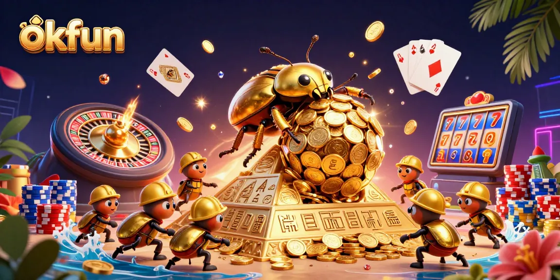 Experience the excitement of okfun with a vibrant casino scene featuring golden elements and dynamic characters.