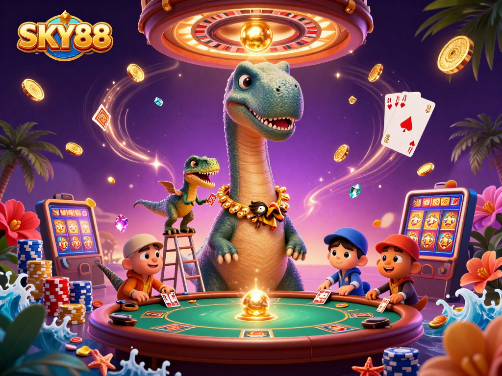 SKY88 elevates the experience with a lively casino scene featuring charming characters.