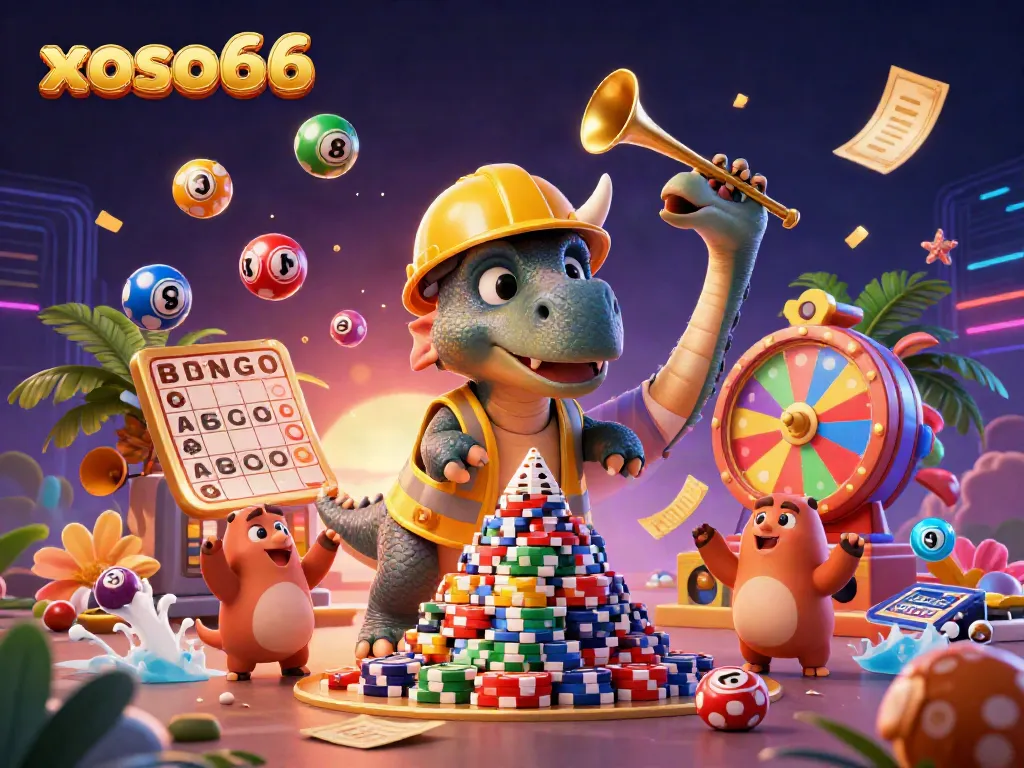 Experience the excitement of xoso66 as a triceratops builds a poker chip pyramid amidst a celebration of lottery balls and bingo cards.