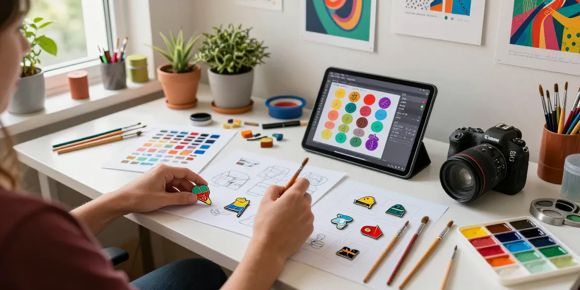 Designer creating custom enamel pins in a bright, inspiring workspace filled with vibrant samples and art supplies.