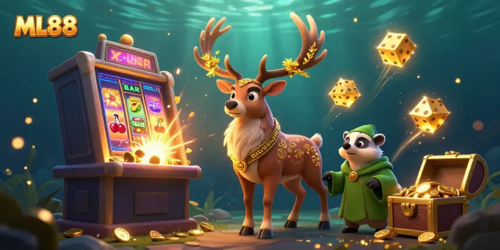Engage with ML88 while exploring the vibrant world of slots featuring magical creatures and casino symbols.