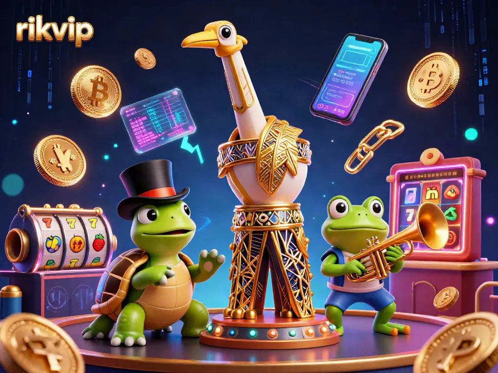 Engage with rikvip's thrilling casino atmosphere alongside animated characters and cryptocurrency elements.