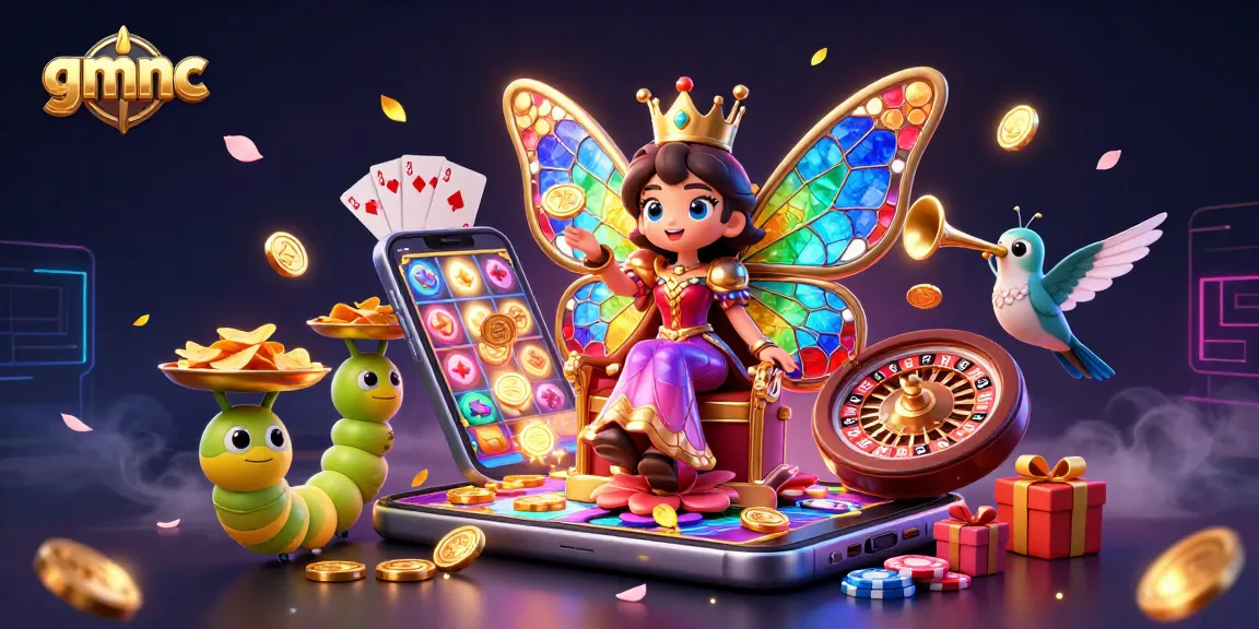 Engage with gmnc for risk assessment, featuring a queen and vibrant casino elements in a mystical 3D scene.