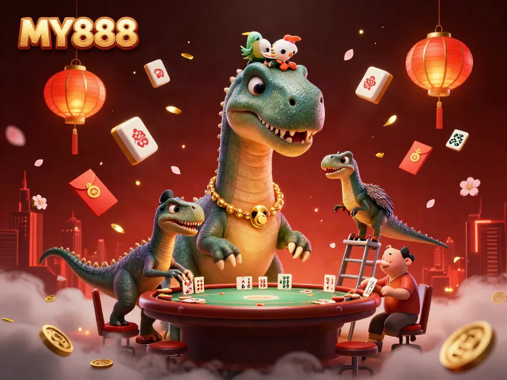 Engage in the vibrant MY888 casino scene with a whimsical brontosaurus and clever raptor managing games.