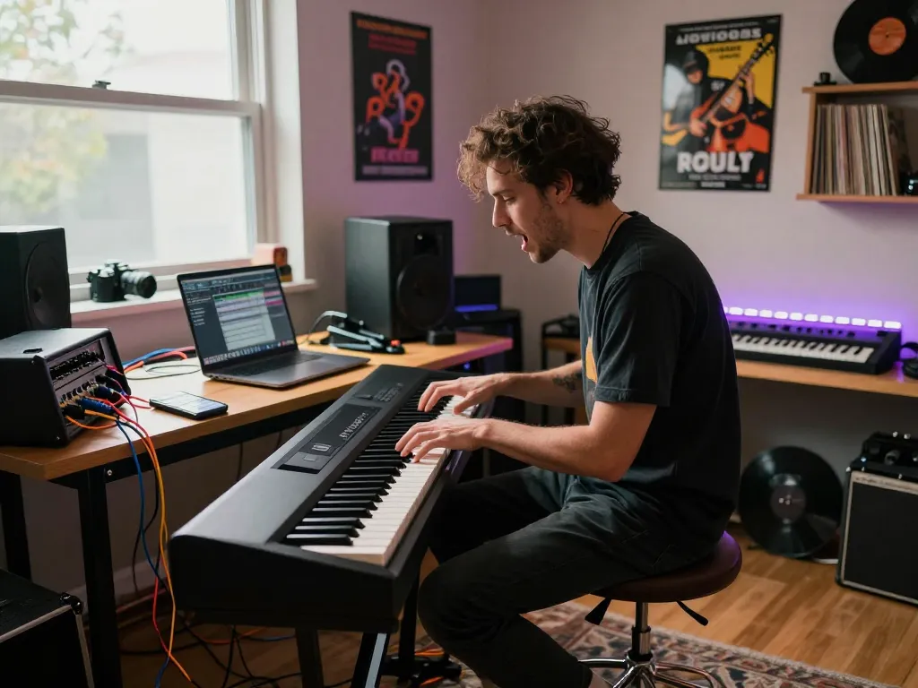 Musician playing the go 88 digital piano in a vibrant music studio.