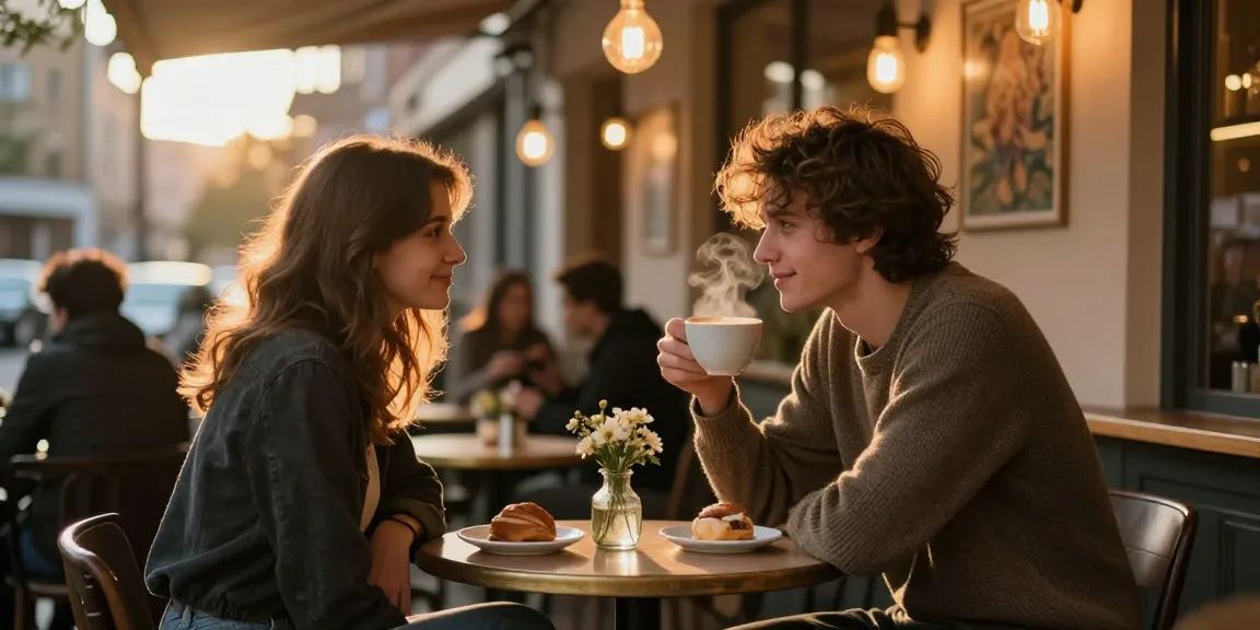 A young man gazing at his crush on a date in a cozy café.