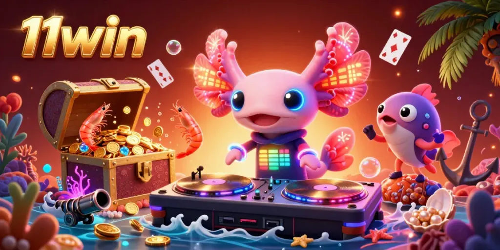 Experience 11win's vibrant underwater casino scene with a neon DJ and entertaining aquatic characters.