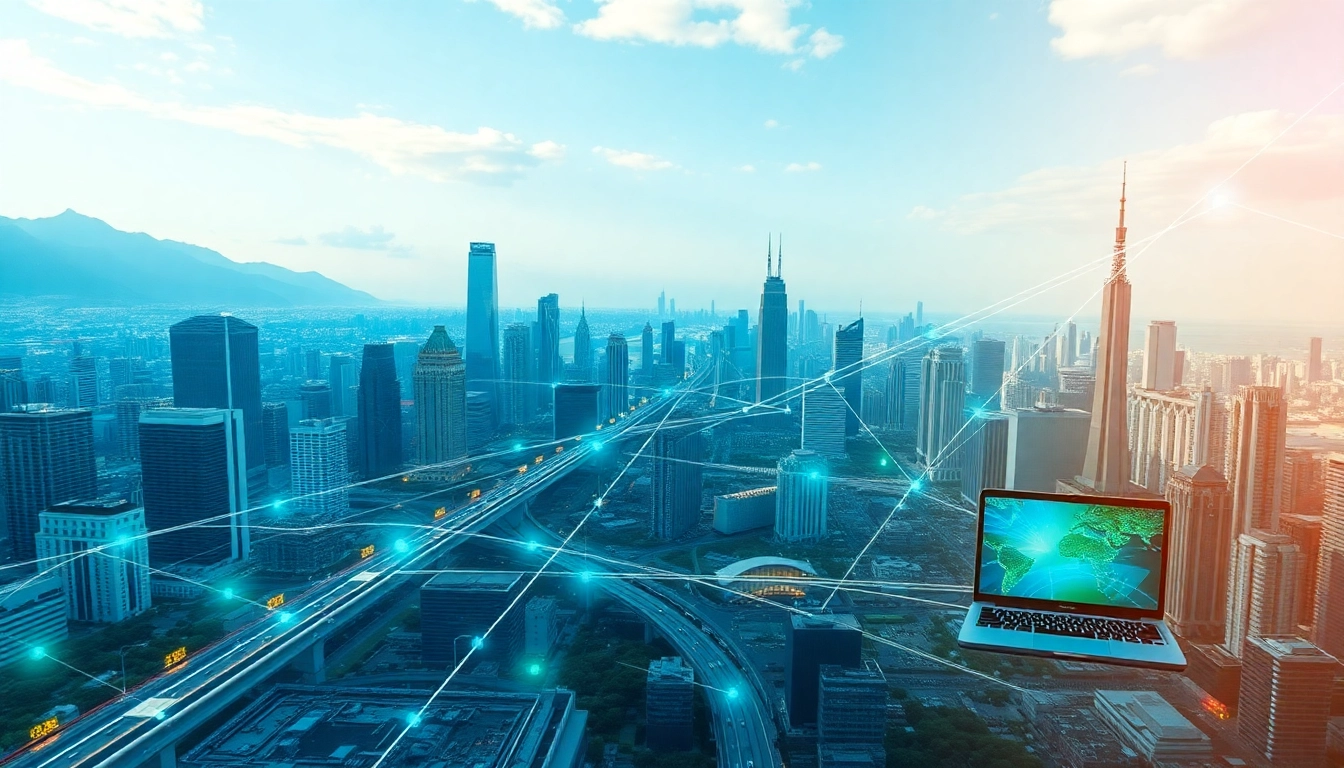 Global network acceleration visualization highlighting 快连官网 with connecting devices and a futuristic cityscape.