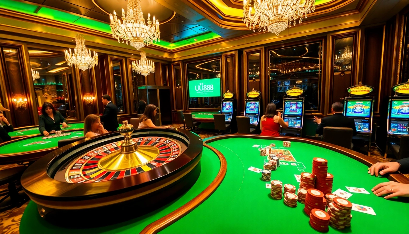 Experience the thrilling excitement of UU88 casino with vibrant gaming tables and spinning roulette wheels.