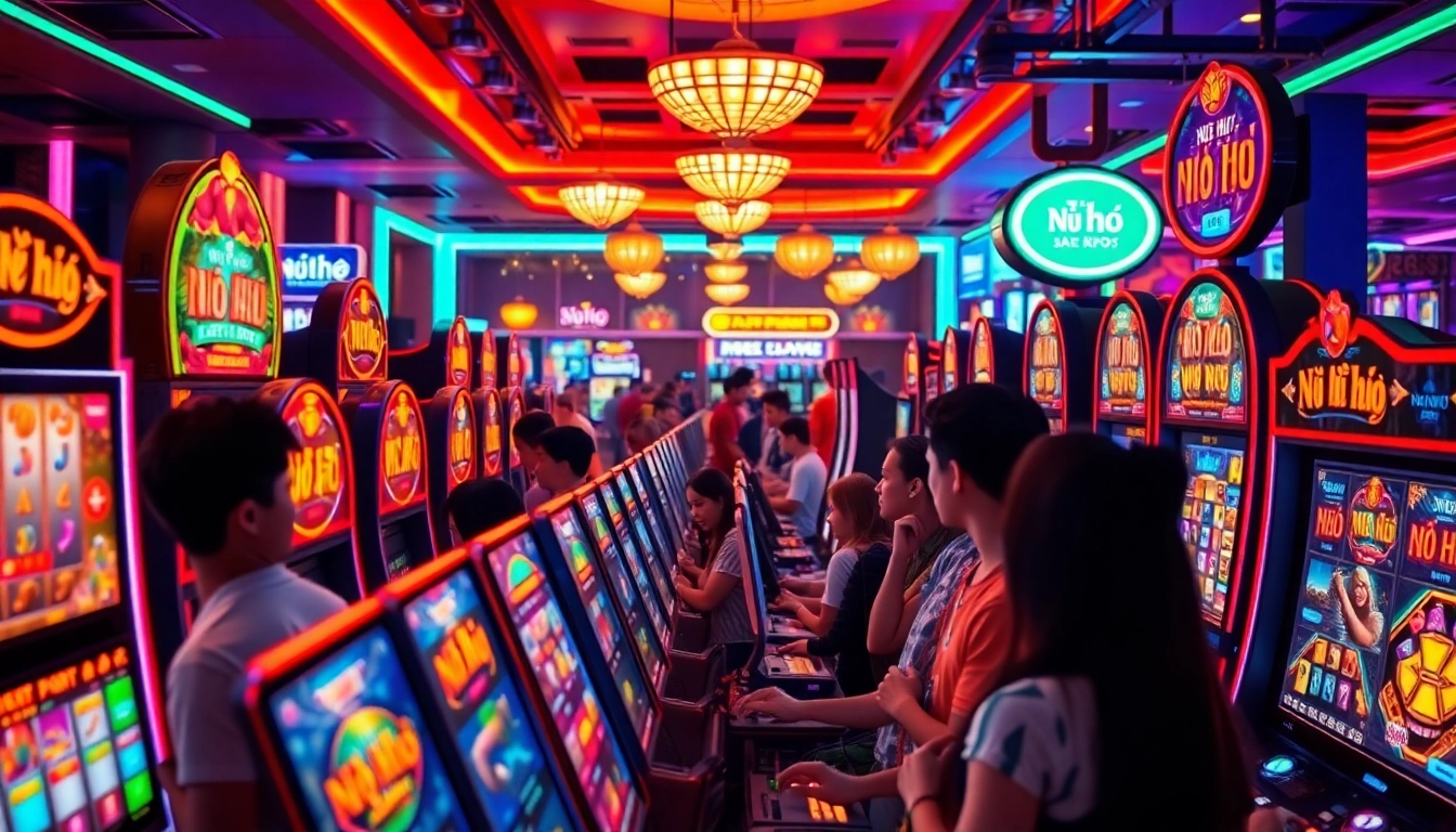 Nổ Hũ slot machines in a lively casino atmosphere capturing excitement and vibrant gaming experience.