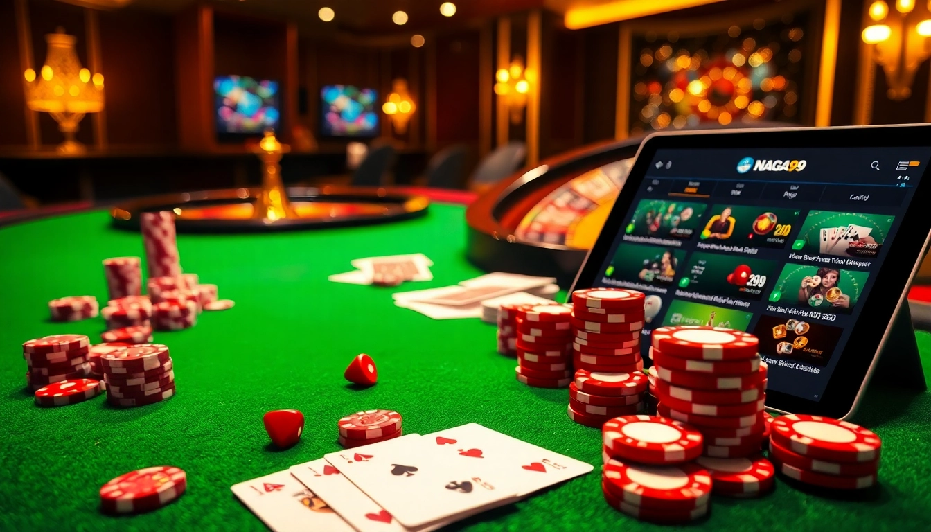 Naga99 casino scene showcasing poker chips, cards, and a roulette wheel in an exciting atmosphere.