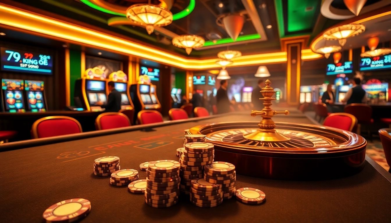 A thrilling 79king casino experience with vibrant slot machines and a roulette wheel.