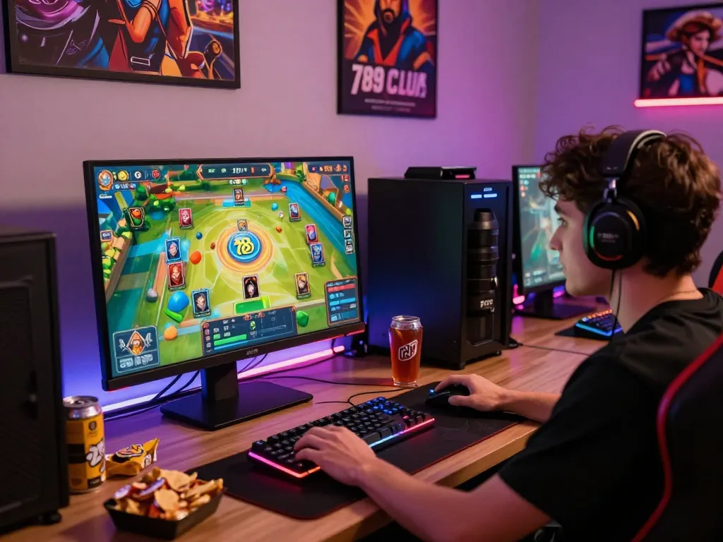 Player enjoying competitive gaming experience with 789 club logo displayed on screen, highlighting online gaming ambiance.
