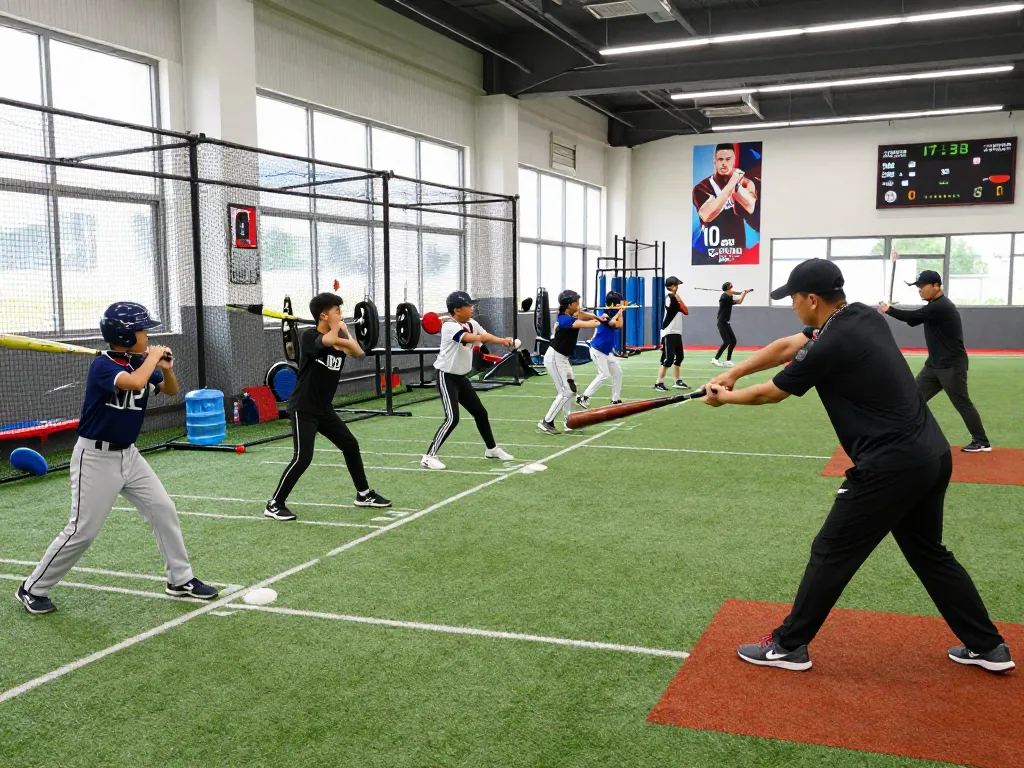 Hitclub baseball training scene featuring young athletes practicing batting skills in a dynamic indoor sports facility.