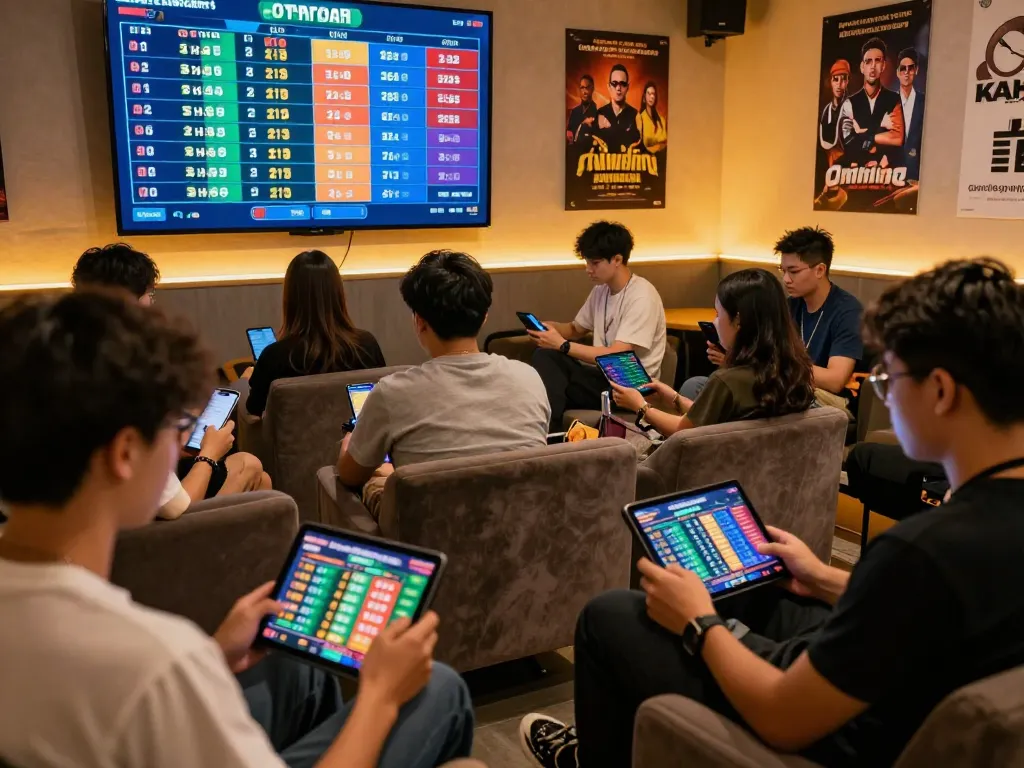 Engaging lô đề online betting scene with diverse players using digital devices in a lively atmosphere.