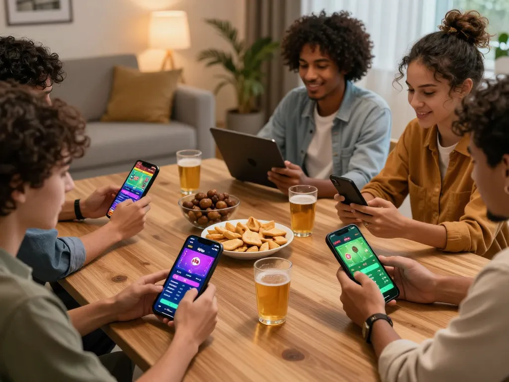 Friends enjoying a lively 33win bet gaming experience with smartphones and snacks in a cozy setting.