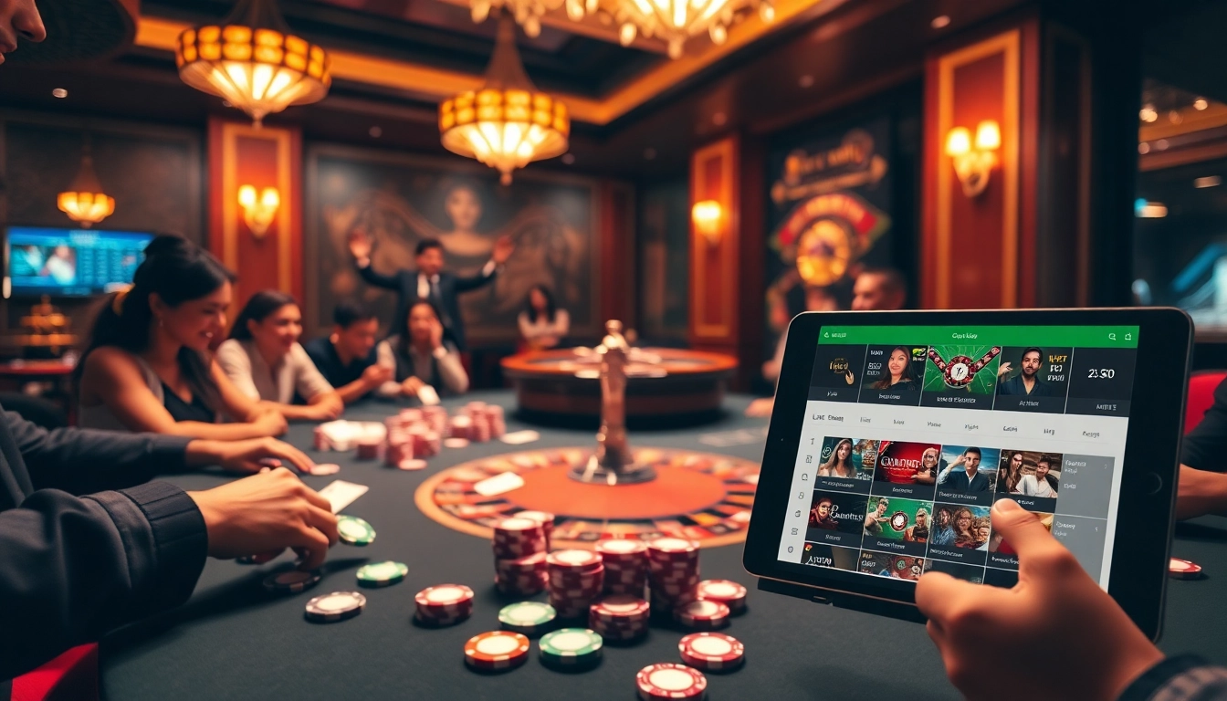 Experience thrilling gambling action with "link đăng nhập ae888" featured on a sleek tablet in a vibrant casino setting.