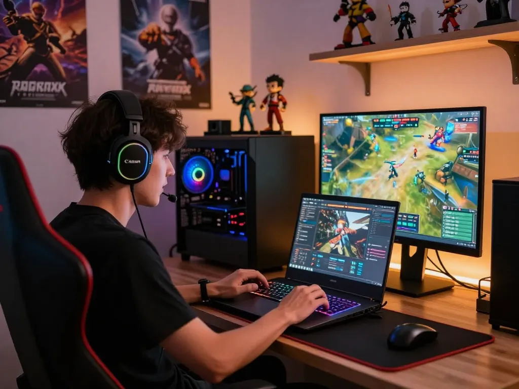 Excited gamer using a laptop to tải sunwin in a stylish gaming setup.