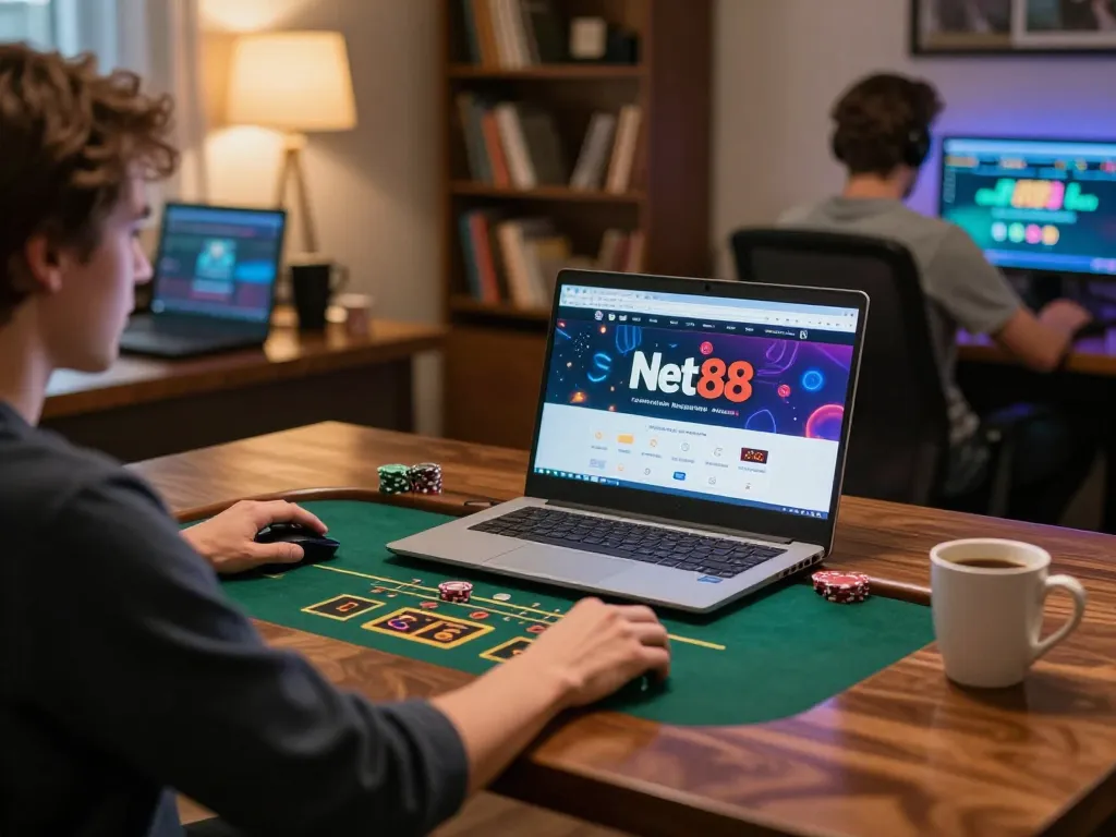 Engaging moment of a player utilizing Net 88 online casino for poker wagering at home