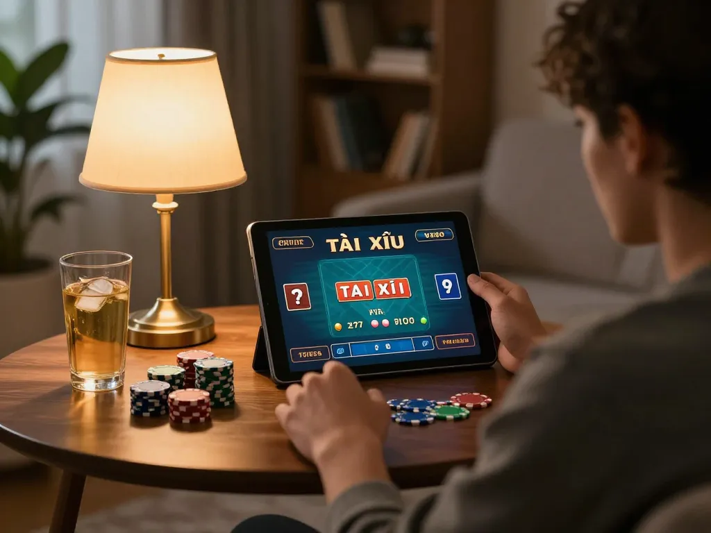 Tài xỉu online uy tín gameplay at home, showing player focused on betting strategies on tablet.
